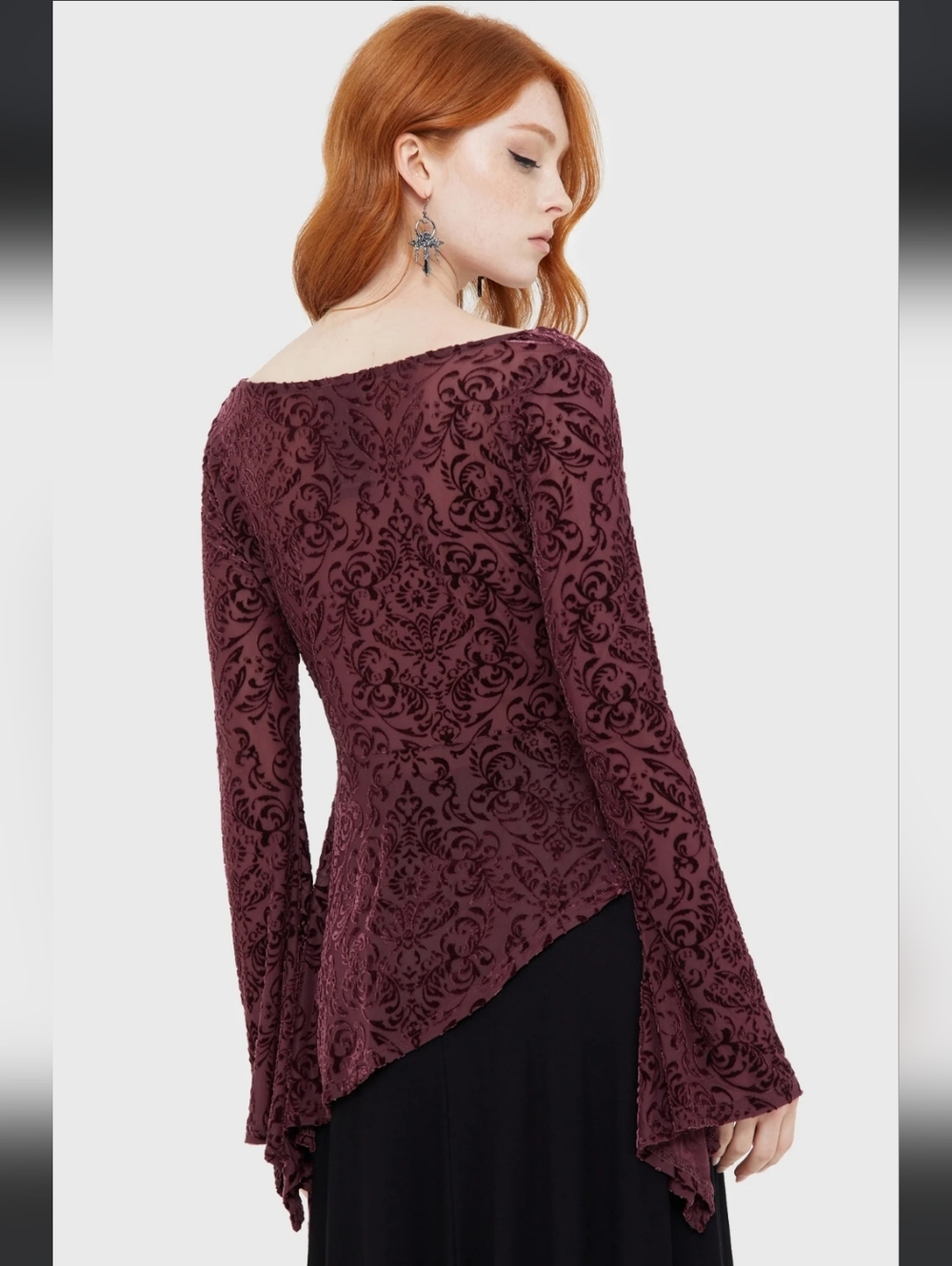 Killstar Burgundy Velvet Burnout Long-Sleeve Asymmetrical Top Dress - Picture 4 of 8